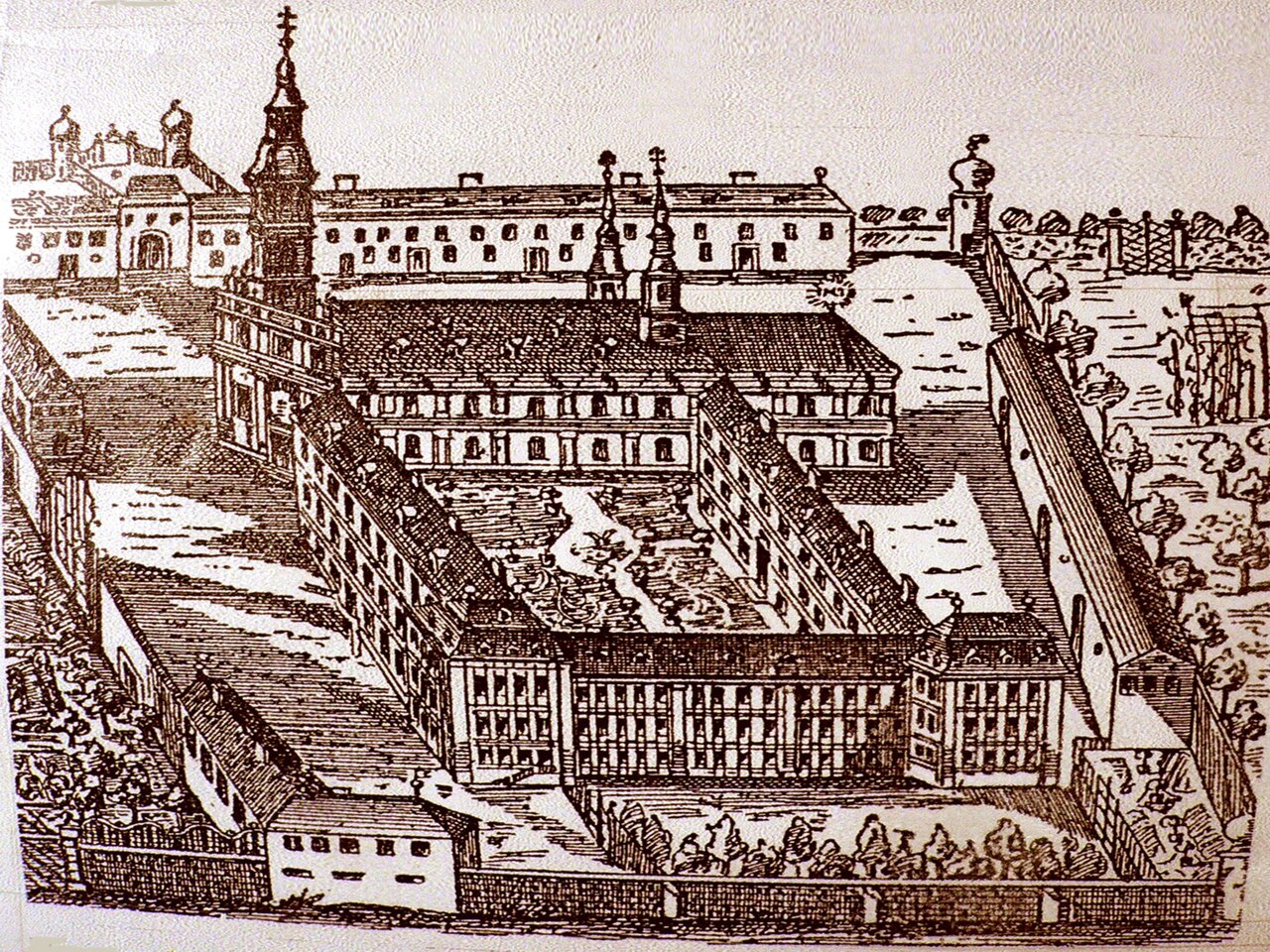 Alte Darstellung des Klosters Obertheres am Main noch mit Abteikirche (abgerissen)