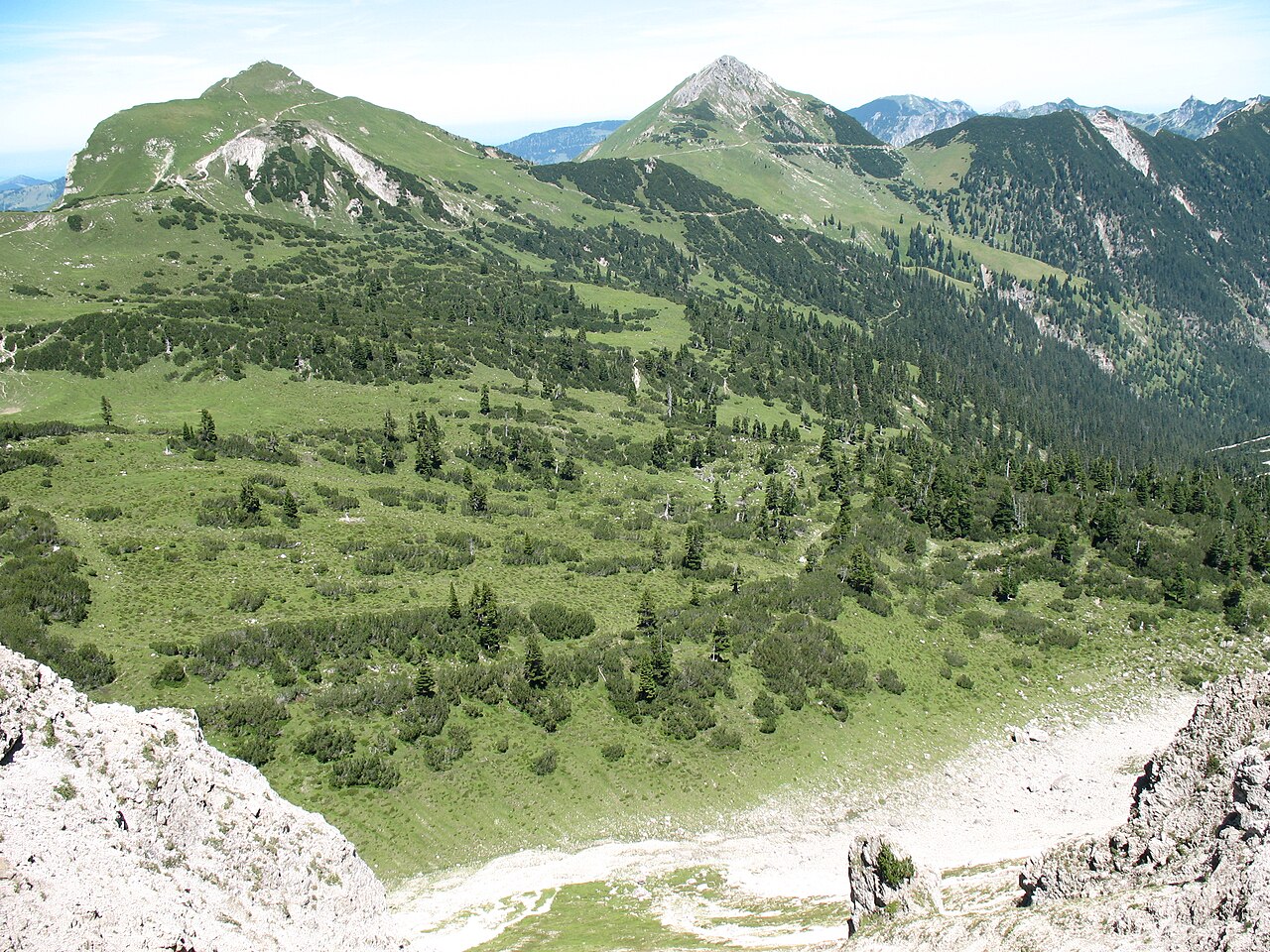 Blick von Süden auf die Schochenspitze (2069 m) und die Sulzspitze (2084 m)