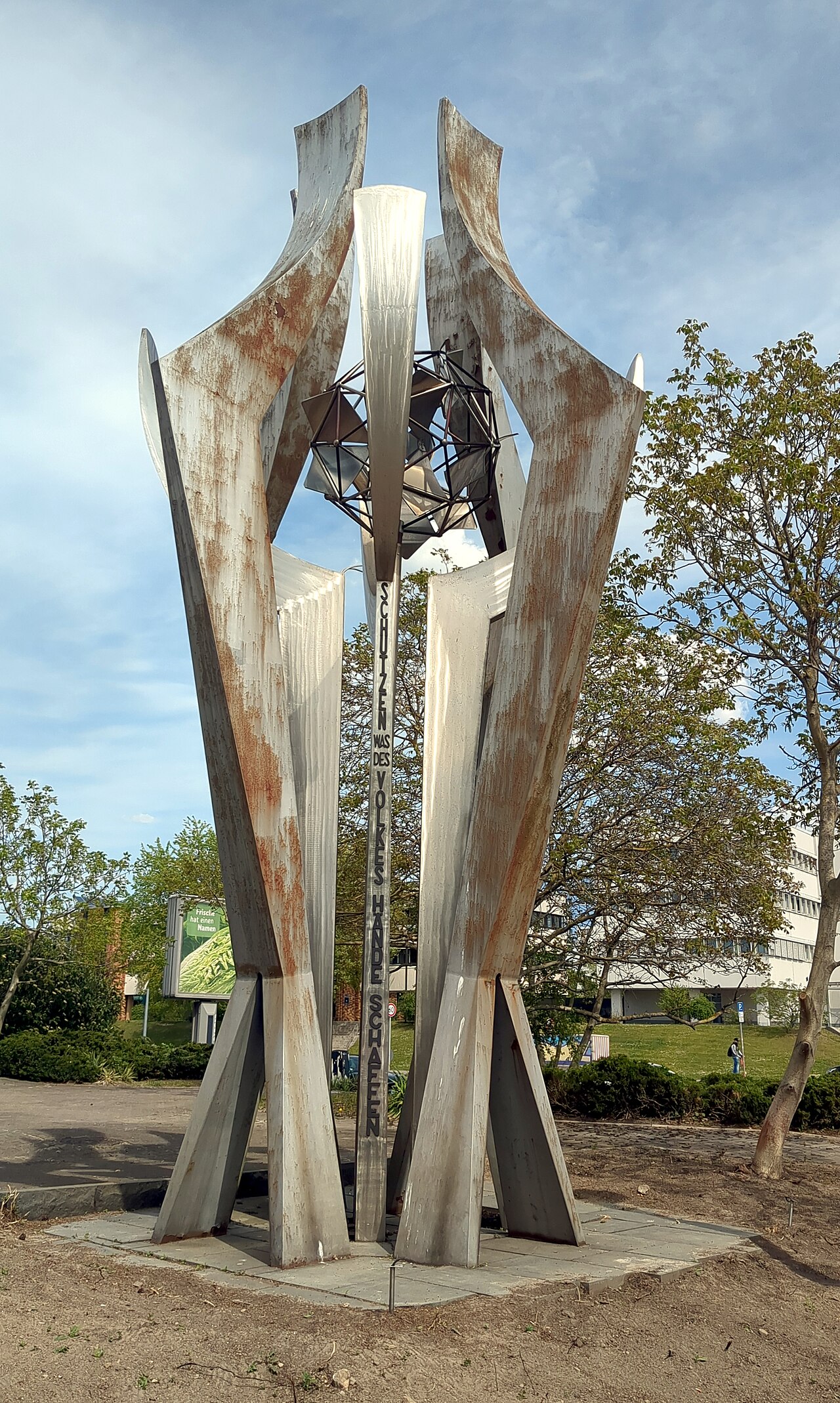 Sculpture ‘Protection from Fire’ by Manfred Büttner at the Marzahn fire station in Berlin, Germany