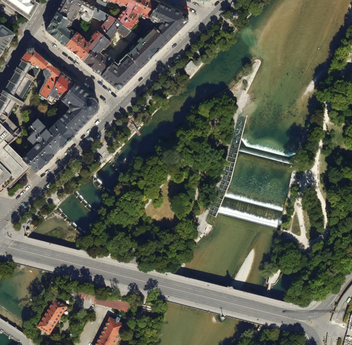 Luftbild der Schwindinsel, des nördlichen Teils der Praterinsel , in München