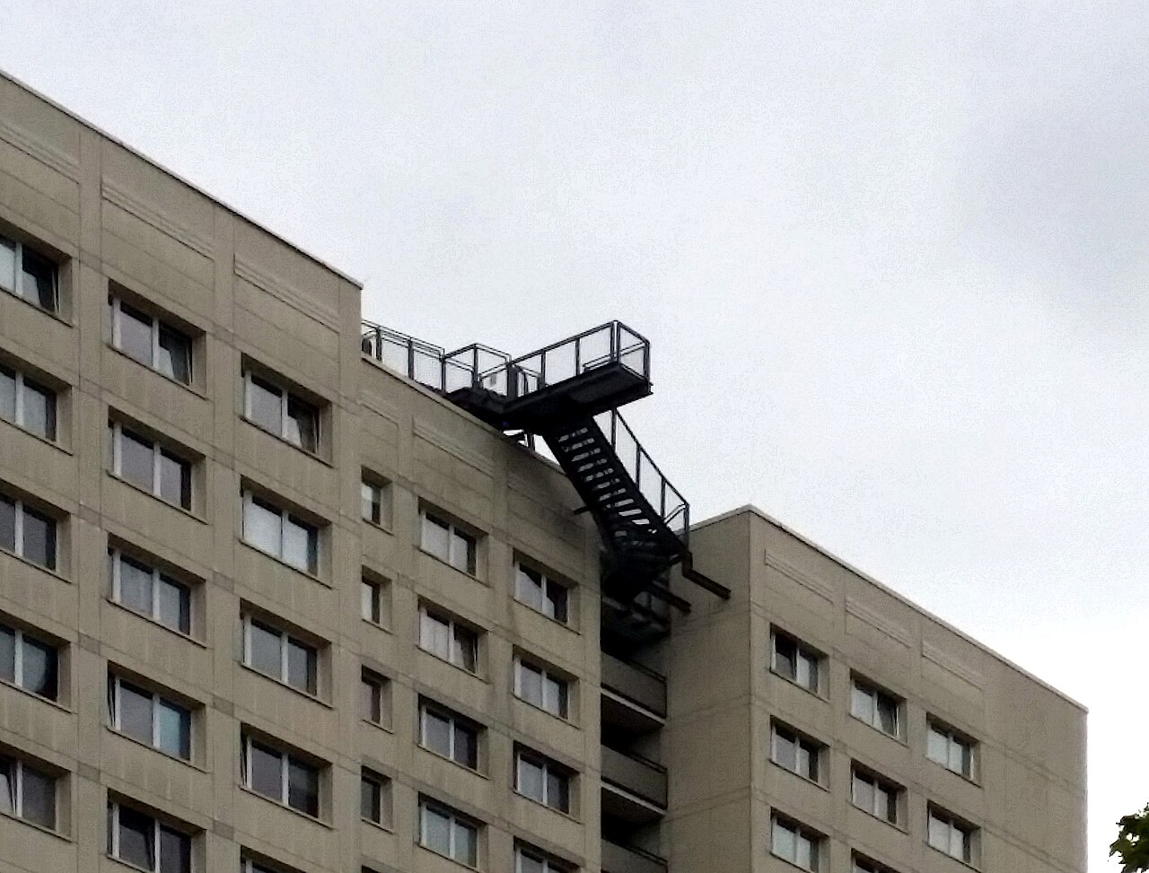 High-rise building at Raoul-Wallenberg-Straße 40 with the Skywalk Marzahn in Berlin-Marzahn, Germany