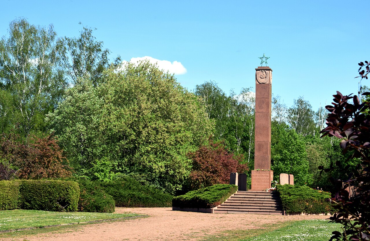 The central obelisk at the Soviet Cemetery of Honour (Parkfriedhof Marzahn) in Berlin-Marzahn, Germany