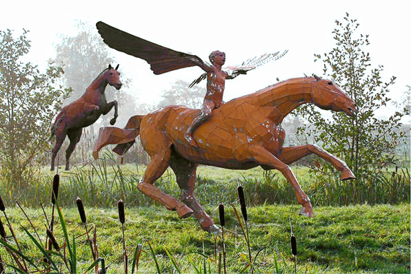 Hommage an den Jockey von Artemision, lebensgroße Stahlplastiken in Nienstedten von Heinrich Eder aus dem Jahr 2007