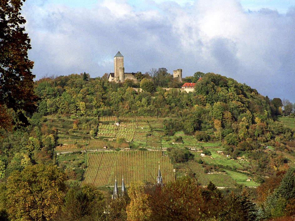 Blick auf den Schloßberg mit der Starkenburg von Süden im Herbst Sonstiges: Scan von Negativ
