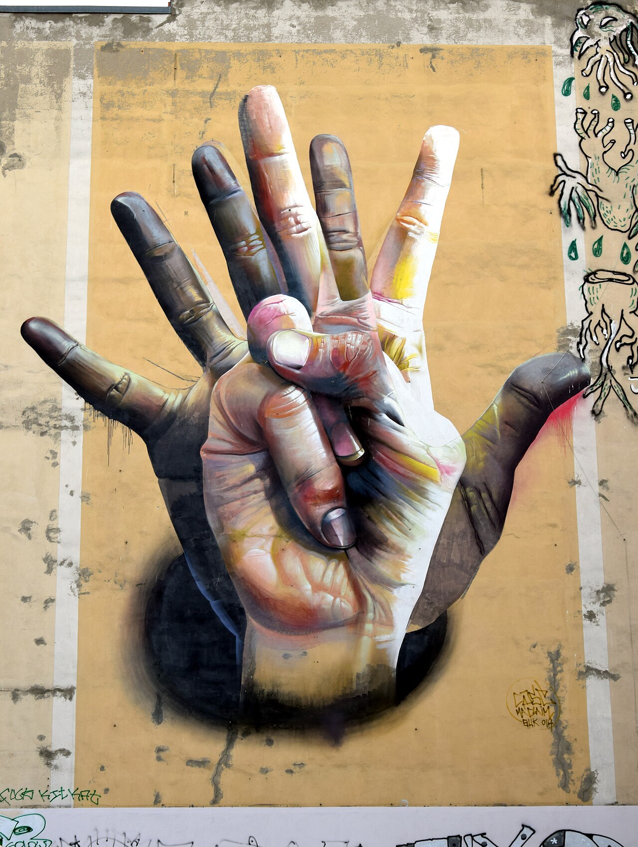 Mural "Unter der Hand" by Case Maclaim at Brückenstraße 16 in Berlin-Mitte, Germany