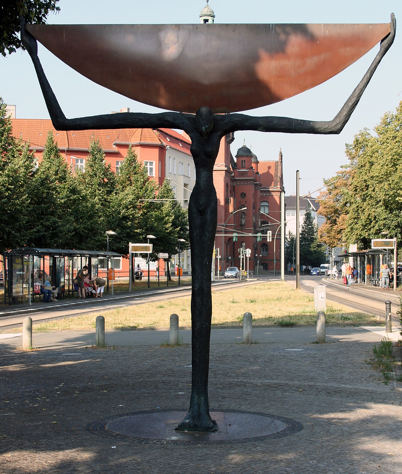 Sculpture, "Viertelmondträgerin" by Trak Wendisch , 1999, Breite Straße, Berlin-Pankow , Germany