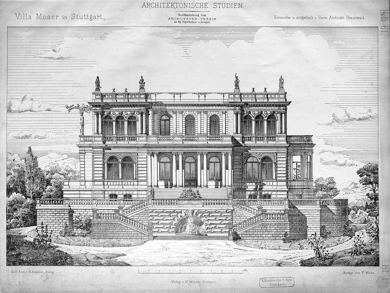 Ehemalige Villa Moser , Stuttgart, Leibfriedscher Garten , Entwurf, Ansicht von Osten, vor 1870