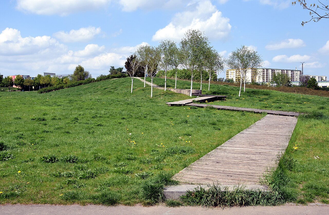 Wooden footbridge to the hill in the Wiesenpark in Berlin, Germany