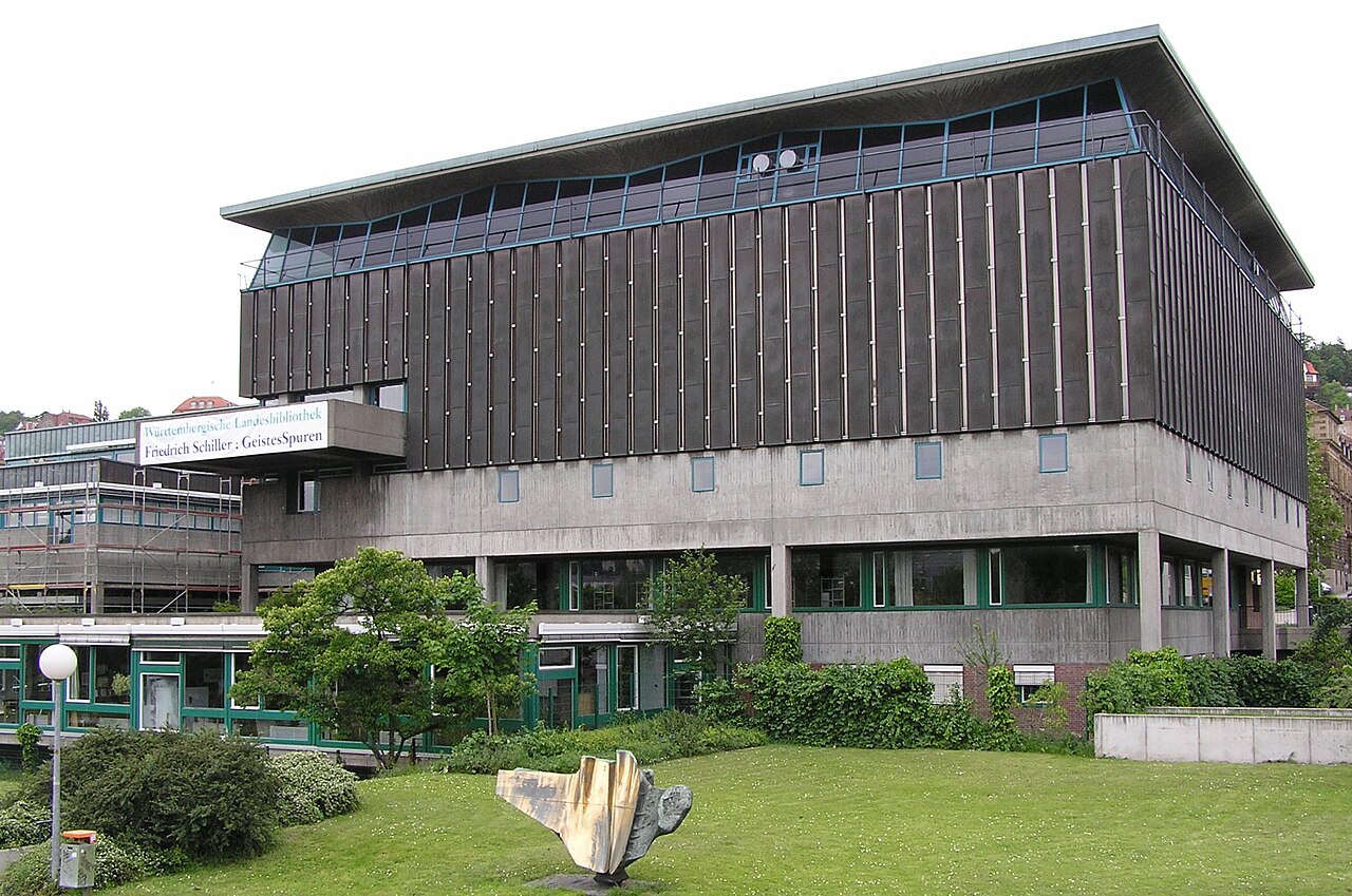 Württembergische Landesbibliothek Stuttgart with sculpture Montana I (1969) by Bernhard Heiliger